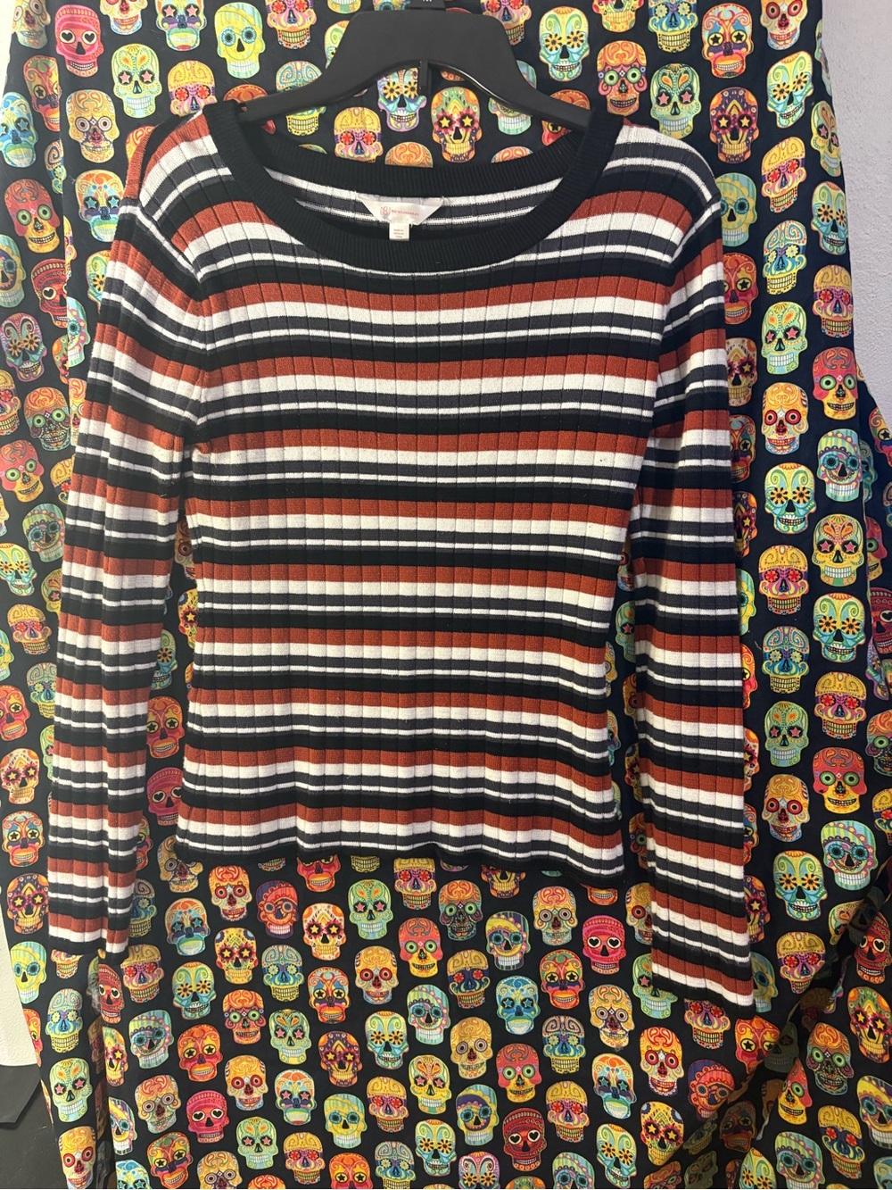No Boundaries Black, White & Rust Striped Ribbed Crew Sweater